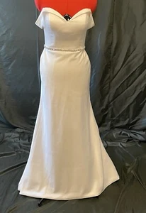 Size 8 Symphony Venus Soft white crepe off shoulder sheath wedding dress Read - Picture 1 of 21