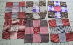 2938 6 antike 1880-90er 9 Aufnäher Quiltblöcke, schöne Drucke, viele Rotweine - Bild 1 von 1
