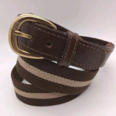 Cinturón De Colección ALLEN ST GEORGE Marrón/Beige Rayas Algodón y Cuero Hebilla de Latón Hombres 40 Foto 1 de 4