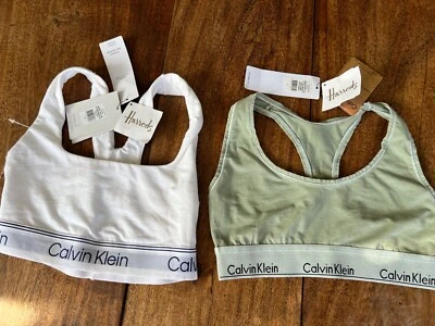 CALVIN KLEIN PAIR OF ATHLETIC LOGO BRAS GREEN & WHITE XS - Image 1 of 4