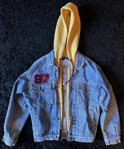 RETRO - Bugle Boy Boys Denim Letterman Jean Jacket w/ Hoodie - Medium - BBC Fart - Picture 1 of 8