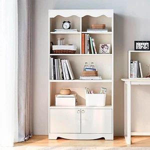 Bookshelf with Doors Cabinet Open Display Rack Storage Shelf MDF Bookcase White - Picture 1 of 8