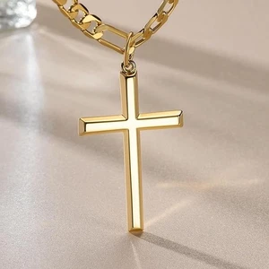 14k Gold Cross Necklace for Men Large,14K Chain 5mm,20,22,24 INCH,Gold Cross P.. - Picture 1 of 6