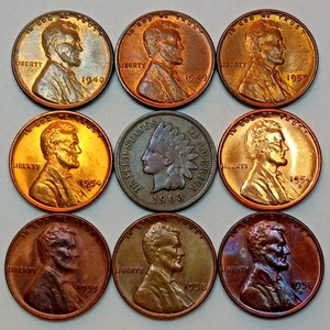 9 Lincoln Wheat & Indian Head Cents Toned/Uncirculated All Different! (Lot#7) - Picture 1 of 2