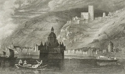 J. TINGLE (19.Jhd), Pfalz bei Kaub und Burg Gutenfels, Sst. Romantik Architektur - Bild 1 von 4