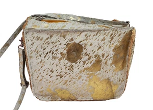 Chloe Lex Womens Metallic Gold Fur Leather Jute Crossbody Shoulder Bag Purse - Picture 1 of 23