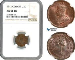 AJ687, Ceylon, George V, 1/2 Cent 1912, Heaton Mint, NGC MS65BN, Pop 1/0 - Picture 1 of 1