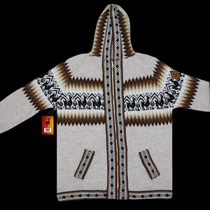 MEN HANDMADE ANDEAN ALPACA BEIGE ZIP HOODIE SWEATER SZ L - Picture 1 of 8