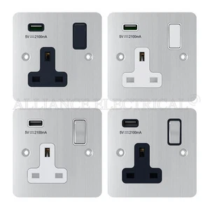 Satin Matt Chrome Flat 1 Gang Single Socket w/ USB Charging Port Outlet Point - Picture 1 of 5