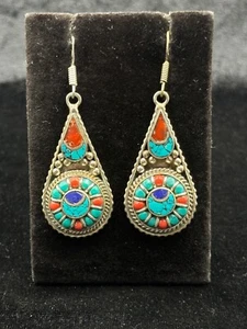 Vintage Tibetan Handmade Beautiful Earring With Natural Coral & Turquoise Stone - Picture 1 of 4