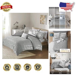 Raina 5-Piece Geometric Comforter Set - Metallic Print, King/Cal King, Grey/S... - Picture 1 of 12