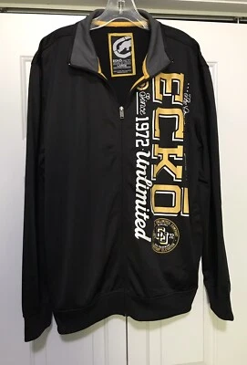 Ecko Unltd Mens Large Black Gold Zip Up Vintage Jacket Y2K Pockets Polyester - Image 1 of 4