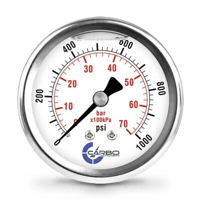 2.5" LIQUID FILLED PRESSURE GAUGE 0 - 1000 PSI, STAINLESS STEEL CASE BACK  MOUNT - Image 1 of 4