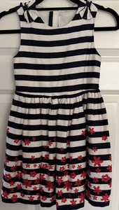 Girls Striped Floral Dress Age 6-7 George Navy White Red Party Summer VGC - Picture 1 of 3