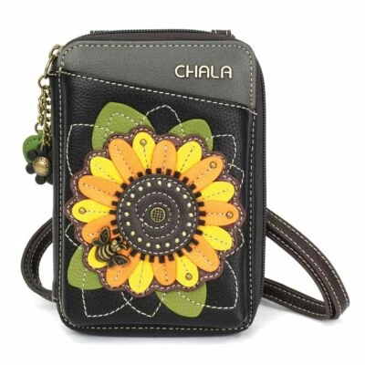 NEW CHALA BLACK BROWN SUNFLOWER BEE ZIPPERED CROSSBODY WALLET FAUX LEATHER - Image 1 of 4