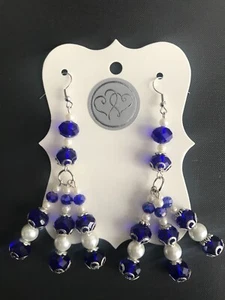 SAPPHIRE BLUE LONG DROP DANGLE PEARL AND CRYSTAL GLASS BEAD FASHION EARRINGS - Picture 1 of 12