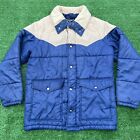 Vtg Sears Western Puffer Jacket Snap Front 2 Tone Blue Tan Snap Nylon Poly Sz M