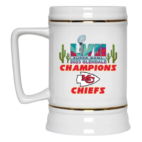 Super Bowl 57 2023 LVII Champions Kansas City Chiefs White 22oz Beer Mug Stein Cover