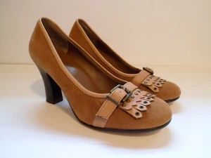 Yellow Box Kilt Heels Womens Size 7 Brown Fawn Suede Fringe Buckle Studs - Picture 1 of 12