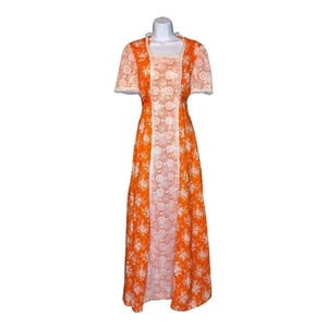 Maxi Vestido Hecho a Mano Para Mujer Mediano Años 70 Naranja Hawaiano Campesino Boho Hippie Encaje - Imagen 1 de 9