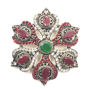 FLOWER BROOCH Pin Pendant Red Green Rhinestone Gold Tone Costume Jewelry - Picture 1 of 6