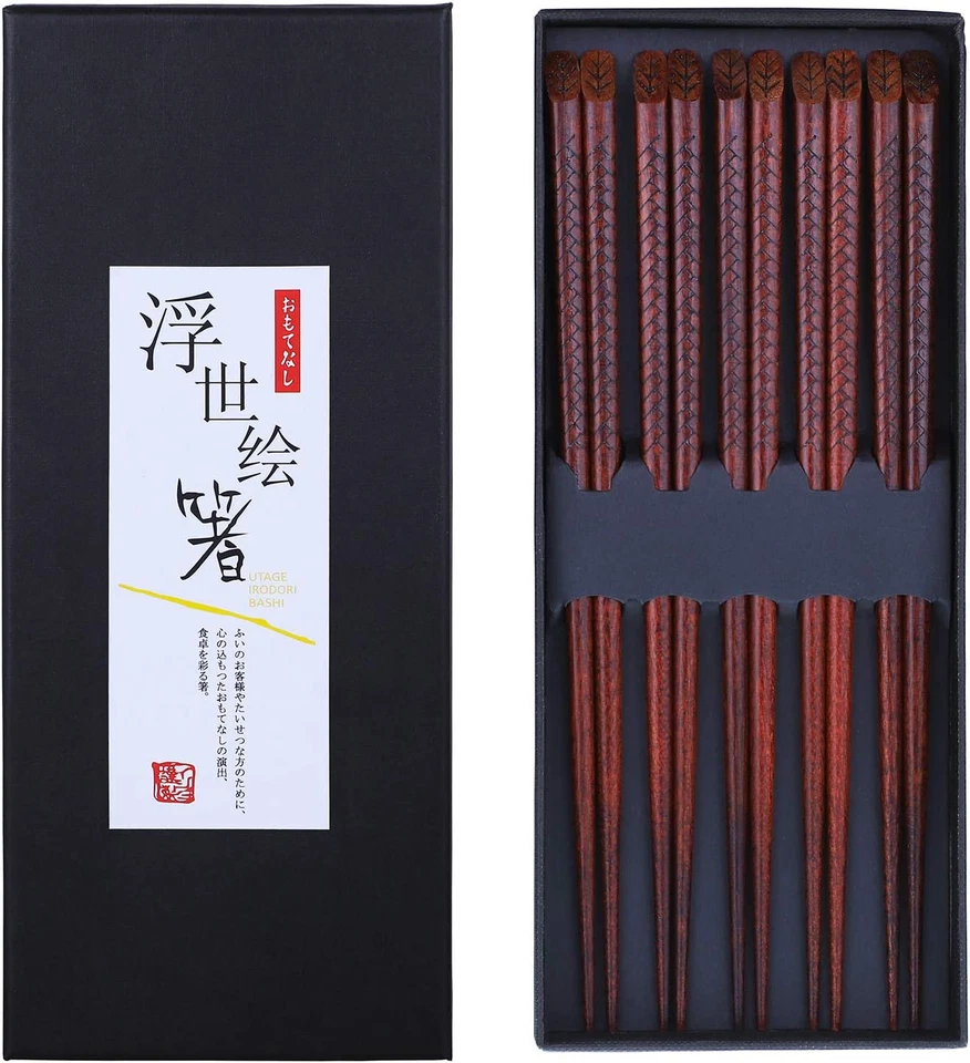 5 pares de palillos de madera dura estilo japonés reutilizables tallados a mano con caja de regalo Foto 1 de 4