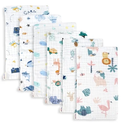 Maliton Muslin Baby Burp Cloths 6 Pack Large 20''x10'' 20"X10", White Animals  - Image 1 of 4