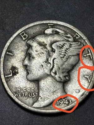 1943 D Mercury Dime Error Double Die Repunched Mint Cud "Cod" 90% Silver Coin - Image 1 of 4