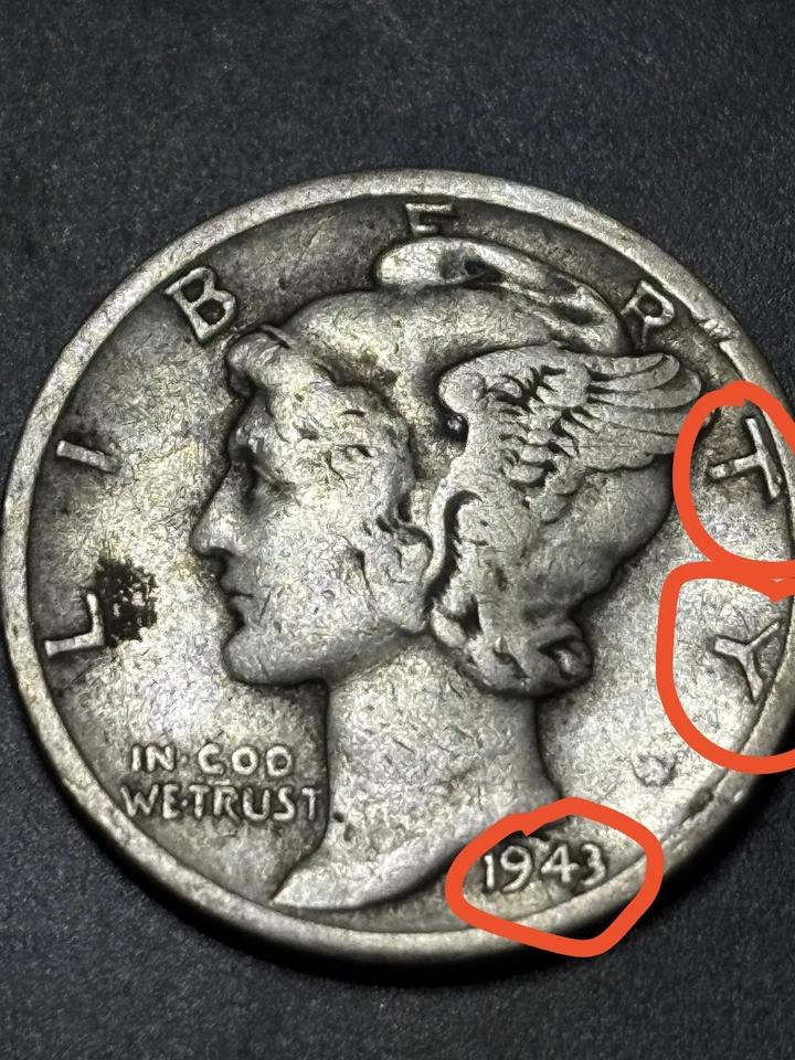 1943 D Mercury Dime Error Double Die Repunched Mint Cud "Cod" 90% Silver Coin - Image 1 of 4