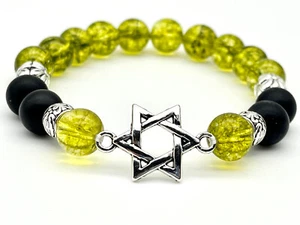 Handmade 10mm Peridot, Matte Onyx & Silver Star of David Jewish Star Bracelet - Picture 1 of 4
