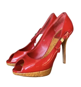 CHRISTIAN DIOR Red Patent Leather Bow Starlet Peep Toe Cork Heel Pumps Size 36.5 - Picture 1 of 14