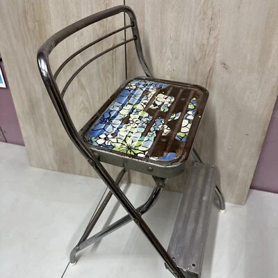 Vintage Folding 2 Step Stool Ladder Chrome MCM Floral Chair - Image 1 of 4