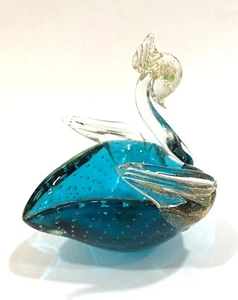 Murano Art Glass Swan Tidbit Dish Controlled Teal Blue Control Bubble Gold Fleck - Picture 1 of 11