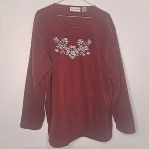 Bonnie Evans Pullover Fleece Sweatshirt Embroidered Floral Design Red 2X Vintage - Picture 1 of 6