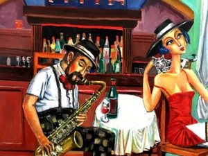 JAZZ CAFE Saxophon Musik, Dame mit Katze RUSSIAN ARMENIAN ARTIST D.D Orig. Gemälde - Bild 1 von 12