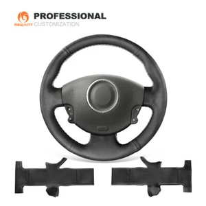 Black Leather Steering Wheel Cover for Renault Megane 2 Kangoo ZE Grand Scenic - Imagen 1 de 10