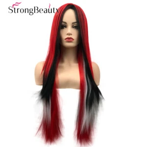 Women's Long Straight Red Mix Black White Wigs Cosplay Wig for Women - Picture 1 of 5