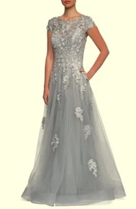 La Femme Silver Embroidered Embellished Mesh A-Line Gown Size 12 $619 - Picture 1 of 2
