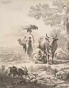 VISSCHER (*1586) nach BERCHEM (*1620), Bäuerinnen mit Kuh in Landschaft, KSt. - Bild 1 von 4