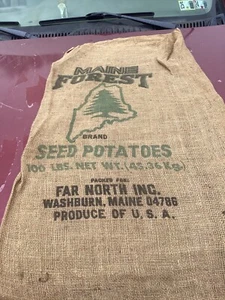 Potato Burlap Sack Maine Washburn Bag Potatoes Rare Forest Brand 100 lbs VTG - Picture 1 of 4