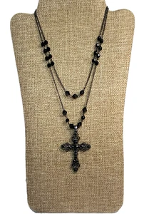 Filagree BLACK CRYSTAL Necklace & CROSS Mourning Style 80's Vintage Two Strand - Picture 1 of 7