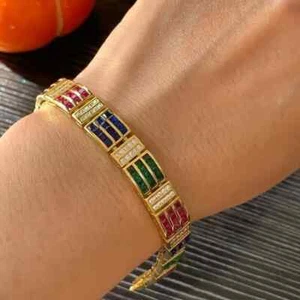 12Ct Princess Cut Lab Created Multi-Color Sapphire Bracelet 14k Yellow Gold Over - Picture 1 of 6