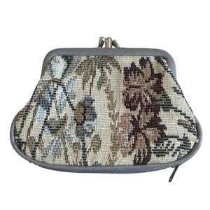 Vintage Tapestry Purse Grey Green Floral Leaves 2 Compartment Clasp Zip Pocket - Picture 1 of 6
