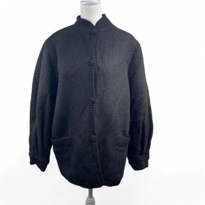 VTG 100% Baby Alpaca Jacket Peruvian Hand Knit Black Sz L Goth Old Money - Picture 1 of 11