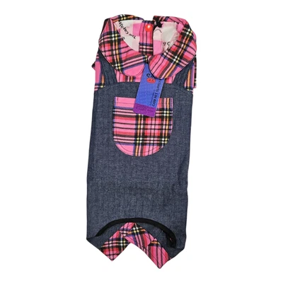 Pink Plaid & Denim - Jumper Style Dog Outfit - Adult Small - Girth Size 14" - Image 1 of 4