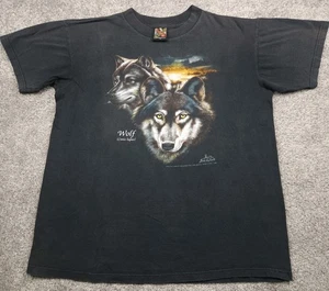 Vintage 3D Emblem T-Shirt Herren Large Schwarz Wolf Back To Earth 1992 Grafikdruck - Bild 1 von 18