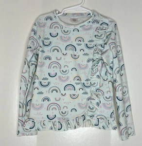 RuffleButts Girls 7 long sleeve Swim Rash Guard Top Light blue pastel rainbows - Picture 1 of 4
