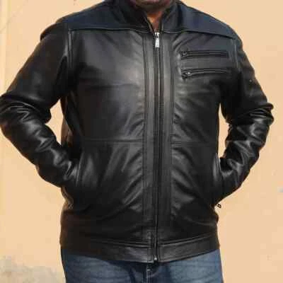 Cafe Racer Mens Biker Real Leather Jacket Black Soft Sheep Leather Vintage Coat - Image 1 of 4