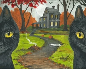 Impresión 8x10 de pintura Ryta Halloween Gato Negro Salem Casa Embrujada Bruja AUTOMA - Imagen 1 de 1