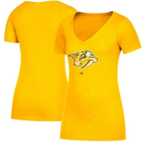 Nashville Predators Adidas Women's Distressed Logo Gold V-Neck T-Shirt Medium - Picture 1 of 3